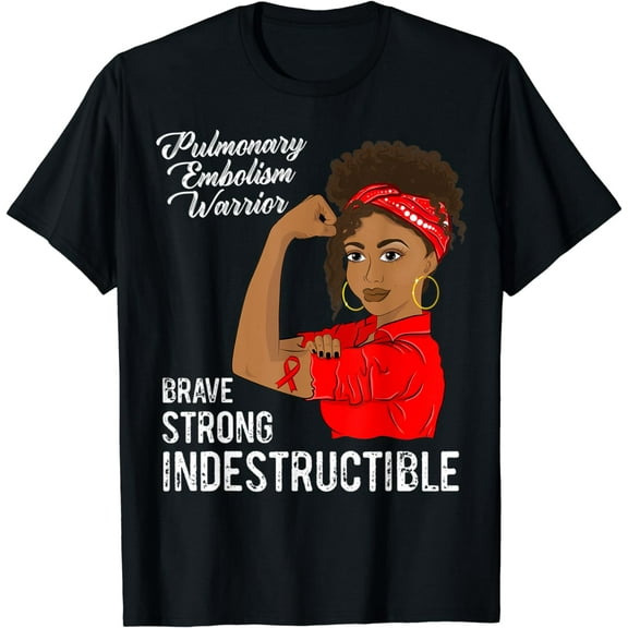 Pulmonary Embolism Warrior Black Girl Awareness Red Ribbon T-Shirt