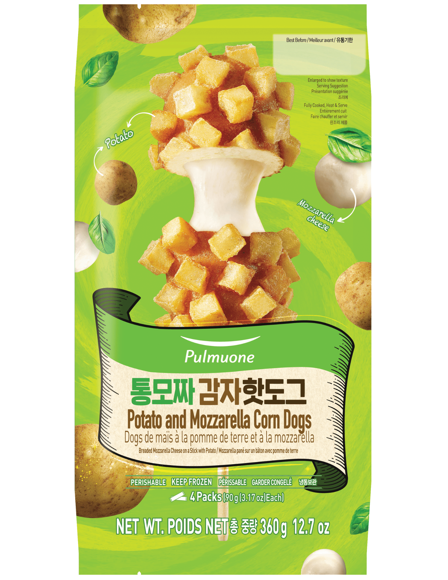 Pulmuone Potato and Mozzarella Corn Dogs Sticks, 12.7oz, Frozen Individually Packaged in a Plastic Wrapper, Contains Wheat, Soybeans, Milk and Eggs.
