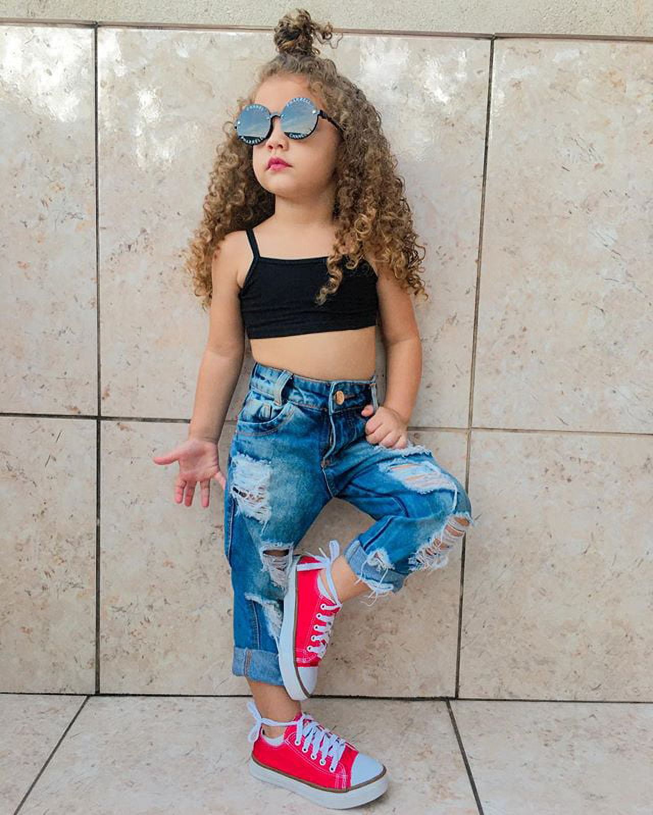 Puloru Baby Girls Summer Clothes Set Ribbed Knit Cropped Camisole Ripped Jeans