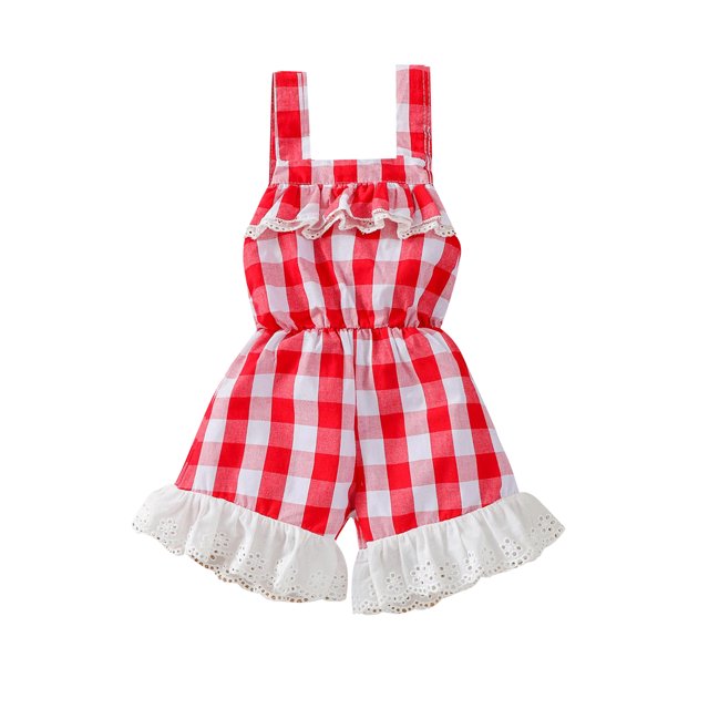 Puloru Baby Plaid Print Short Romper, Sleeveless Square Collar Sling Jumpsuit