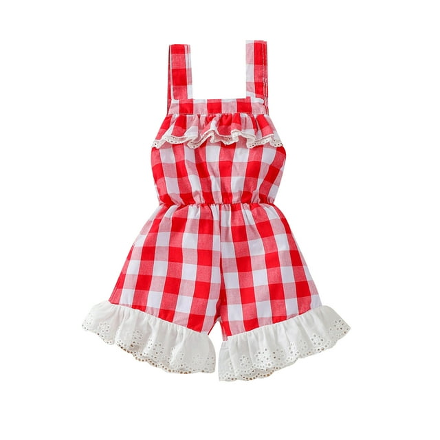 Puloru Baby Plaid Print Short Romper, Sleeveless Square Collar Sling Jumpsuit