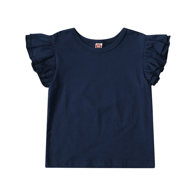 Puloru Toddler Girls T Shirt Ruffle Sleeve Solid Color Tops Navy Blue