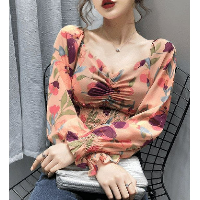 Puloru Women Fashion Long Sleeve Floral Print Tops Ladies Stylish Tops 