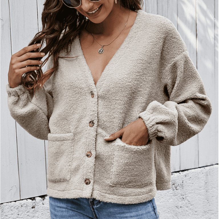 Puloru Women s Button Down Fleece Cardigan Casual Long Sleeve V Neck Solid Color Loose Coat Walmart