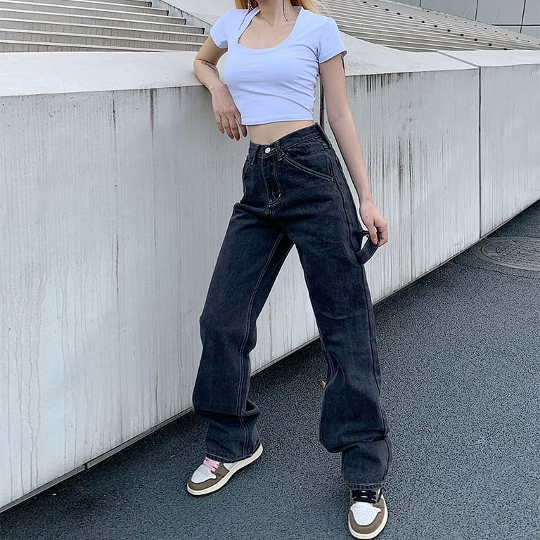 Street Solid Patchwork High Waist Straight Denim Jeans Street Solid Patchwork High Waist Straight Denim Jeans