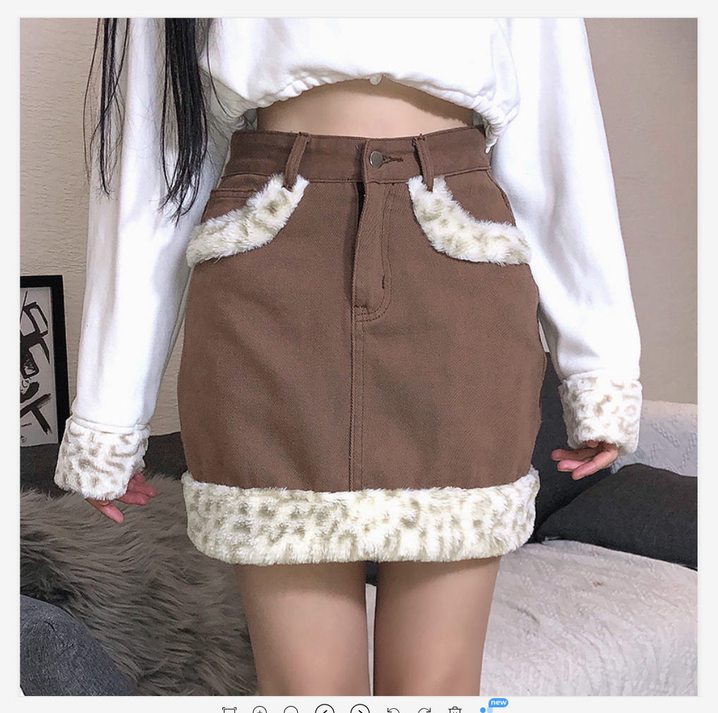 Puloru Women's Mini Denim Skirt, Casual High Waist Solid Color Short Skirt with Leopard Faux Fur Trim - image 1 of 6