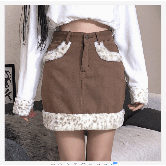Puloru Women's Mini Denim Skirt, Casual High Waist Solid Color Short Skirt with Leopard Faux Fur Trim