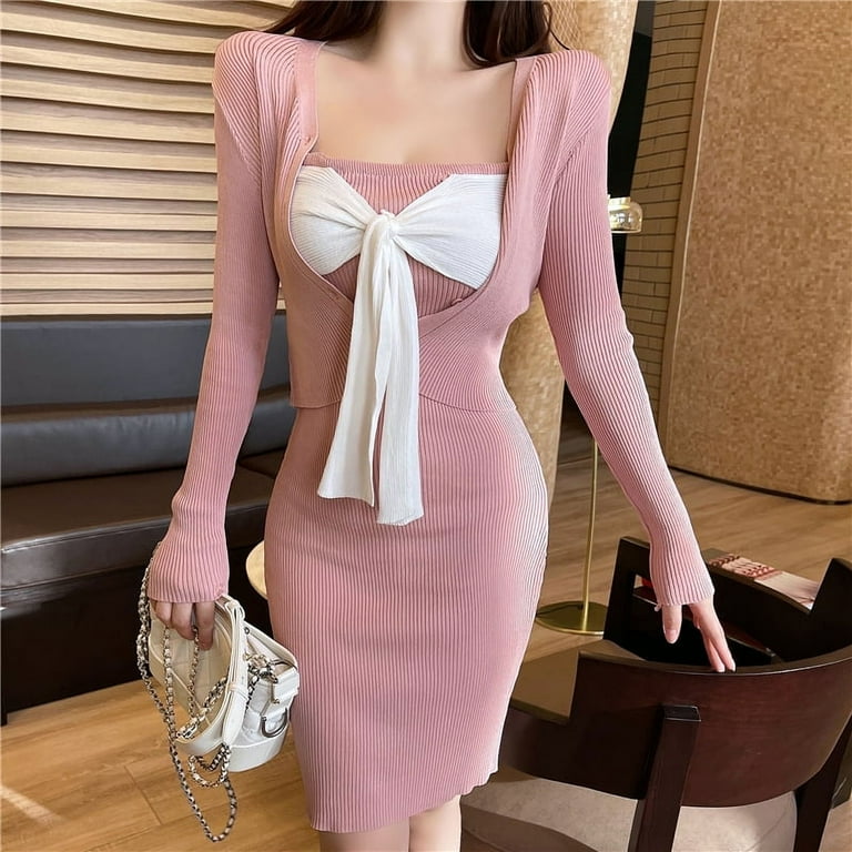 Puloru Women s Two Piece Outfits Spaghetti Strap Knit Mini Dress Cardigan Walmart