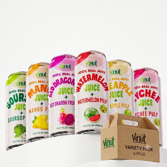 Vinut Discovery Box Fruit Juice with Pulp: Mango, Red Dragon Fruit, Lychee, Soursop, Pineapple, Watermelon