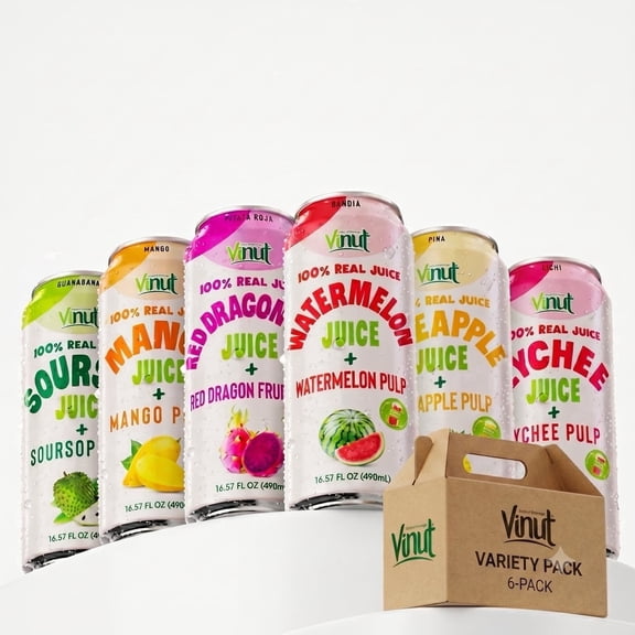 Vinut Discovery Box Fruit Juice with Pulp: Soursop, Watermelon, Pineapple, Lychee, Red Dragonfruit and Mango