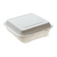 thumbnail image 1 of Pulp Tek 32 oz Square White Sugarcane / Bagasse Large Clamshell Container - 9 1/4" x 9 1/4" x 3 1/4" - 100 count box, 1 of 2