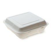Pulp Tek 32 oz Square White Sugarcane / Bagasse Large Clamshell Container - 9 1/4" x 9 1/4" x 3 1/4" - 100 count box