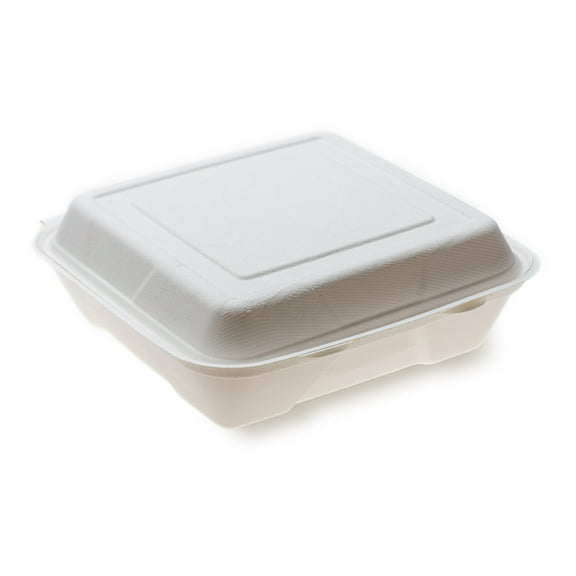 Pulp Tek 32 oz Square White Sugarcane / Bagasse Large Clamshell Container - 9 1/4" x 9 1/4" x 3 1/4" - 100 count box