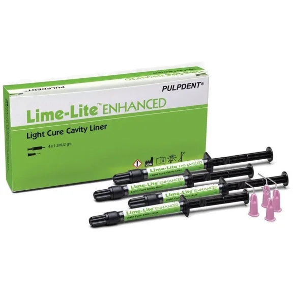 Pulpdent Lime-Lite Enhanced Light Cure Cavity Liner 4x 1.2mL Syringe 20 Tips