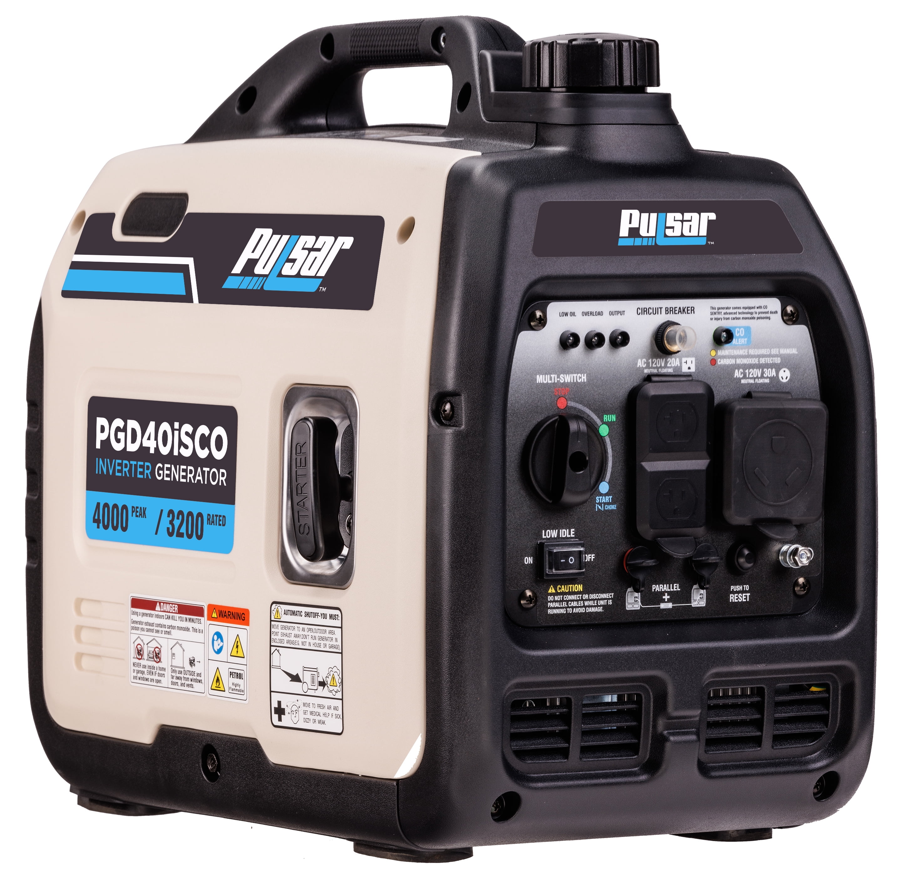 Pulsar 4000-Watt Super Quiet Gas Powered Inverter Generator with CO Sentry, RV Ready