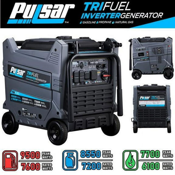 Pulsar 9500W Tri-Fuel Inverter Generator - Gasoline, Propane, Natural Gas, Remote Start, CO Sentry, Portable Backup Generator for Home Use (GS95TiSCO)