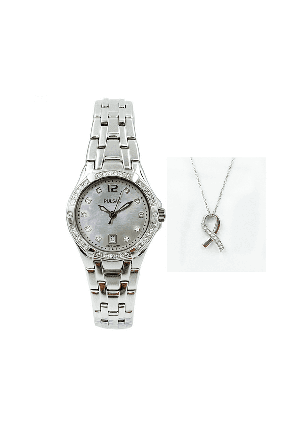 Swarovski Crystal Steel MOP Dial Quartz Ladies Watch With Necklace PXT913