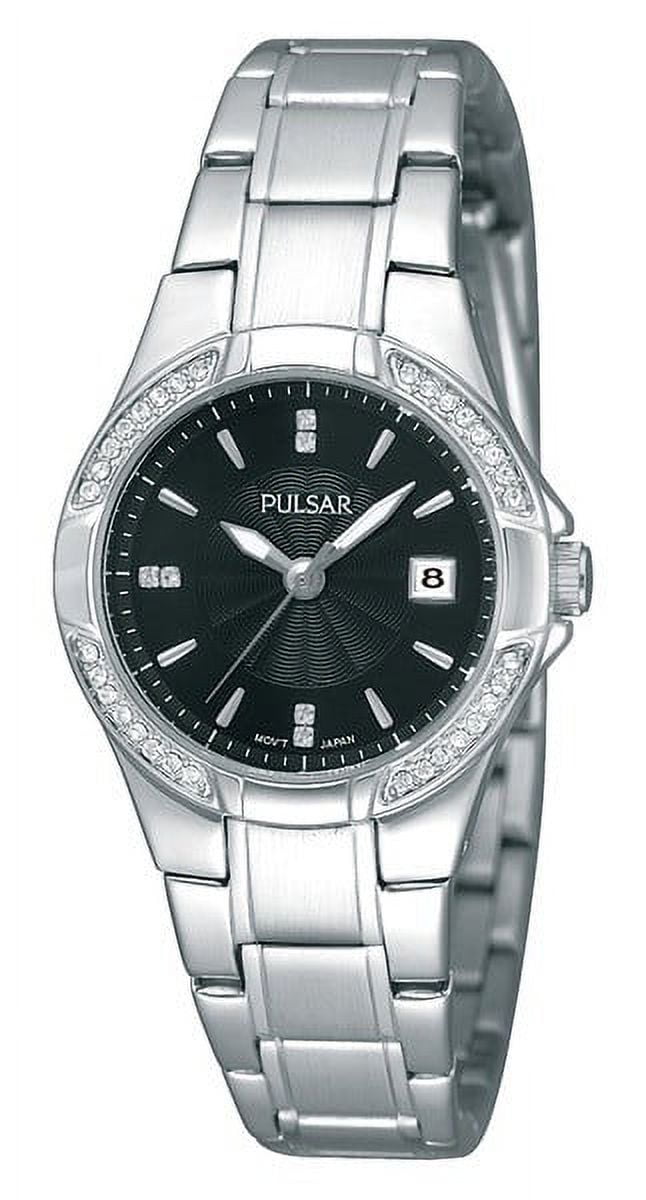 Pulsar Womens Crystal Analog Stainless Watch - Silver Bracelet - Black Dial - PH7293