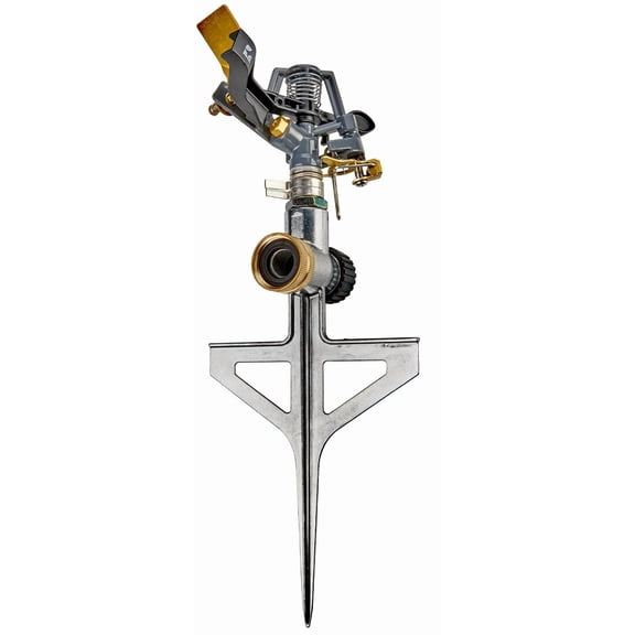 Impact Pulsating Sprinkler 300009 on Metal Step Spike, 70 ft Diameter Reach, 360 Range Control to Cover up to 3,900 Sq Ft for Farm, Lawn and Garden Irrigation, by New England Garden Tools