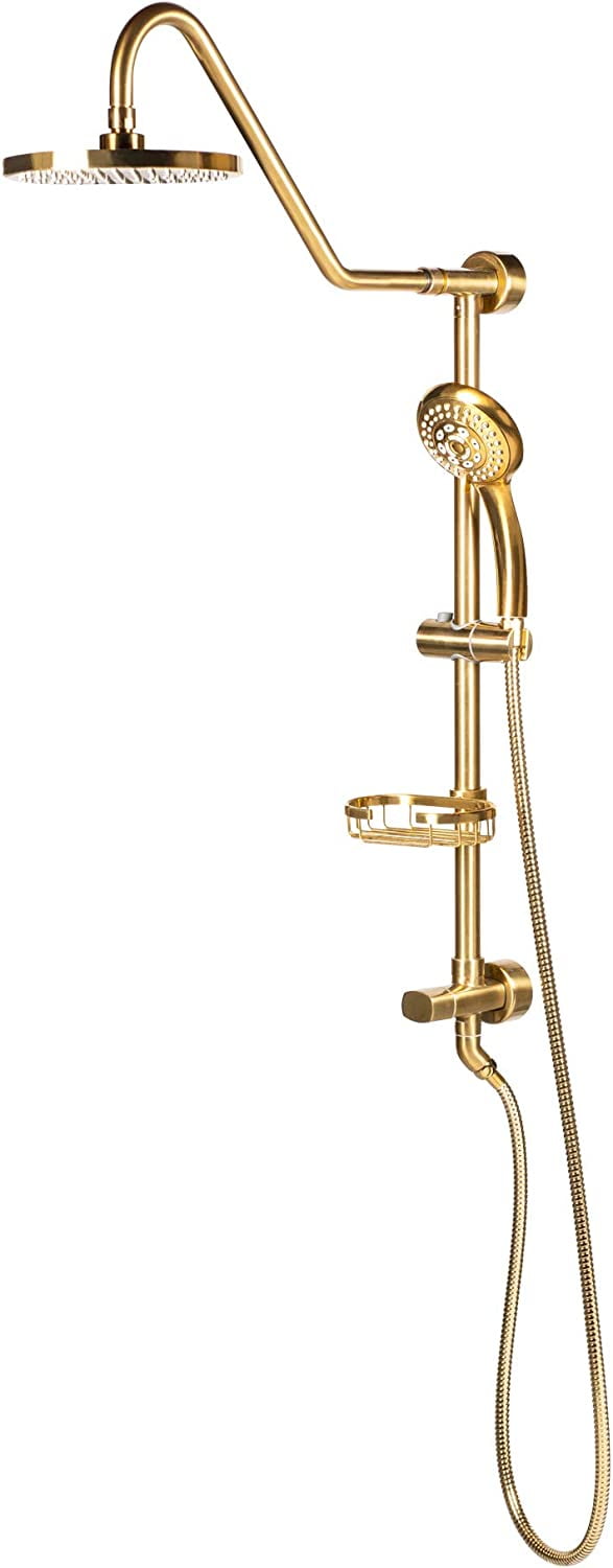 Kauai III 8-in Rain Showerhead Shower System with Slide Bar and Integrated Soap Dish Brushed Gold 1.8 GPM