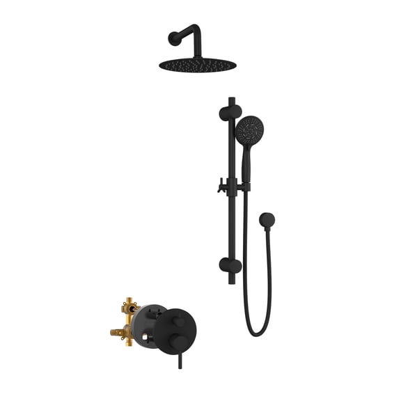 Refuge 10-in Rain Showerhead Combo Shower System with Adjustable Handshower Slide Bar and Pressure Balanced Mixing Valve Matte Black