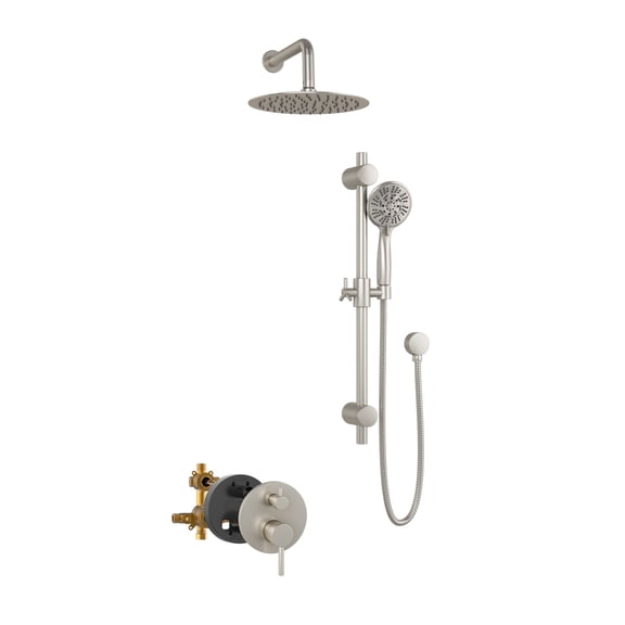 Refuge 10-in Rain Showerhead Combo Shower System with Adjustable Handshower Slide Bar and Pressure Balanced Mixing Valve Brushed Nickel