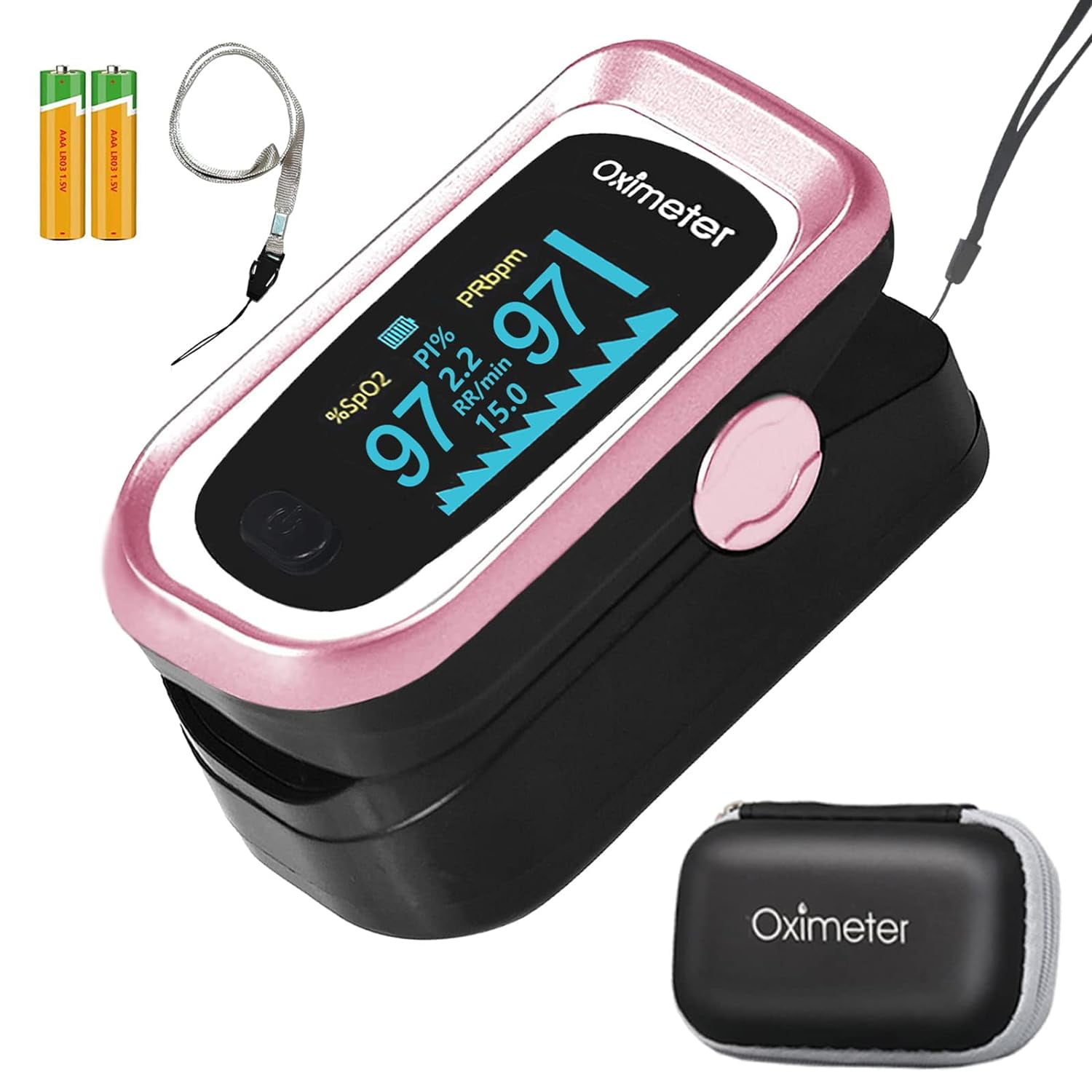 Pulse Oximeter Fingertip, 4 Data Pulse Oximeter with Respiration, Pulse Oximeter Fingertip with Respiration SpO2 Pulse Rate Count, OLED Oximetry with Batteries and Carry Bag and Lanyard (Pink)