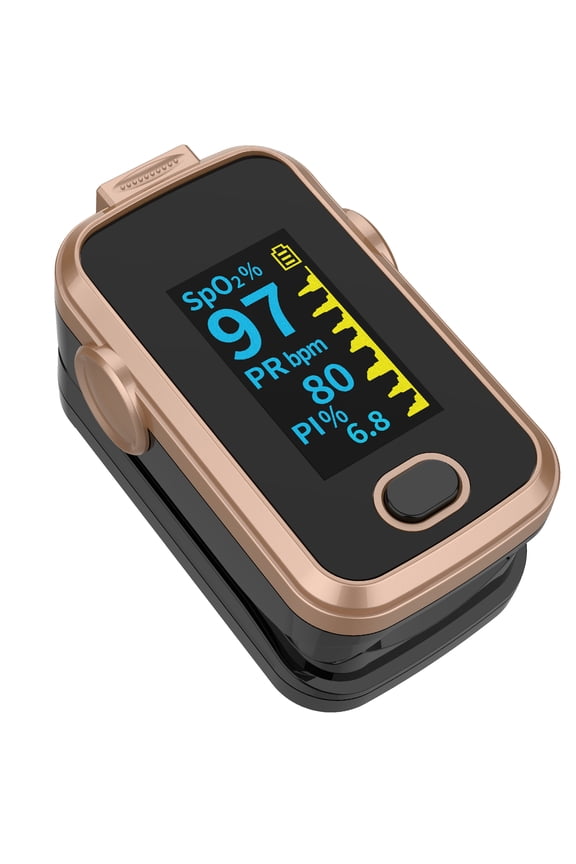 Fingertip Pulse Oximeter for Oxygen Level and Pulse Rate, Batteries and Lanyard Included - Black/Rose Gold