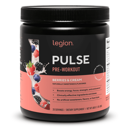 Legion Athletics Pulse Pre-Workout Supplement, Berries & Cream , Naturally Sweetened With No Added Sugar, 350mg Caffeine, 20 Servings, High Performance Energy & Focus Powder