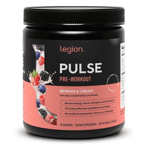 Legion Athletics Pulse Pre-Workout Supplement, Berries & Cream , Naturally Sweetened With No Added Sugar, 350mg Caffeine, 20 Servings, High Performance Energy & Focus Powder