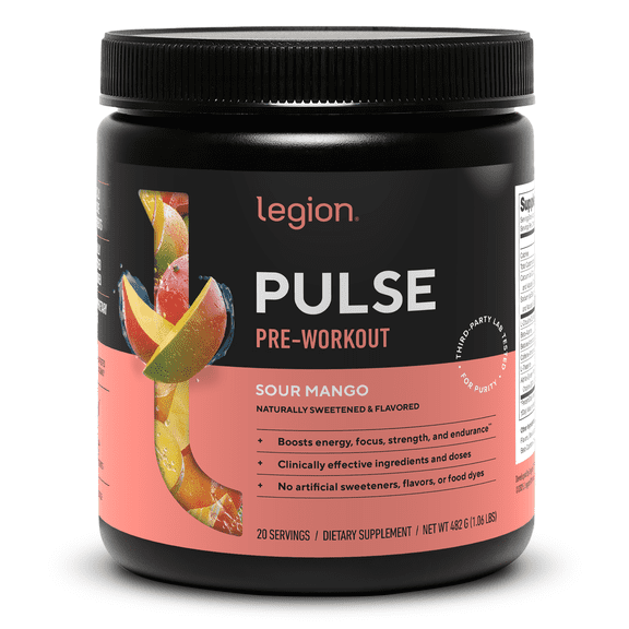 Legion Athletics Pulse Pre-Workout Supplement, Sour Mango, Naturally Sweetened With No Added Sugar, 350mg Caffeine, 20 Servings, High Performance Energy & Focus Powder