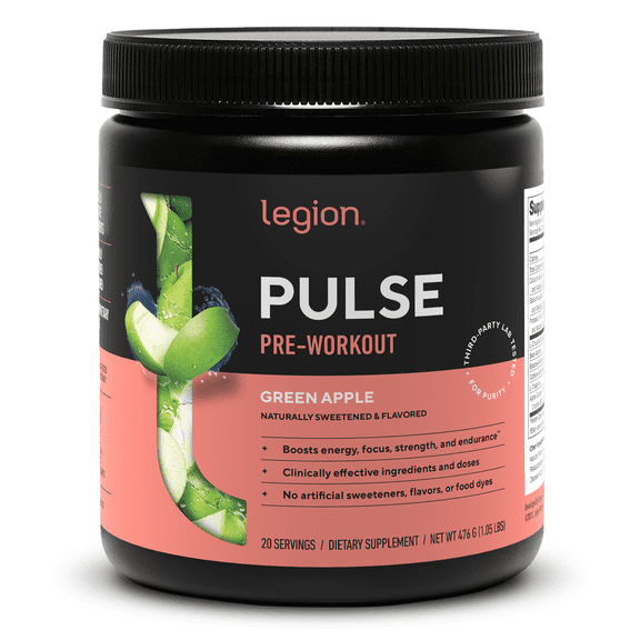 Legion Athletics Pulse Pre-Workout Supplement, Green Apple, Naturally Sweetened With No Added Sugar, 350mg Caffeine, 20 Servings, High Performance Energy & Focus Powder