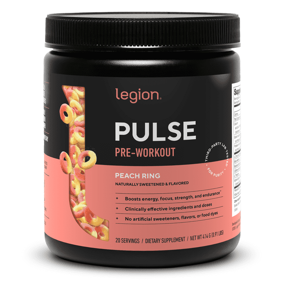 Legion Athletics Pulse Pre-Workout Supplement, Peach Ring, Naturally Sweetened With No Added Sugar, 350mg Caffeine, 20 Servings, High Performance Energy & Focus Powder