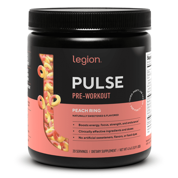 Legion Athletics Pulse Pre-Workout Supplement, Peach Ring, Naturally Sweetened With No Added Sugar, 350mg Caffeine, 20 Servings, High Performance Energy & Focus Powder