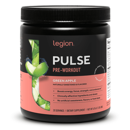 Legion Athletics Pulse Pre-Workout Supplement, Green Apple, Naturally Sweetened With No Added Sugar, 350mg Caffeine, 20 Servings, High Performance Energy & Focus Powder