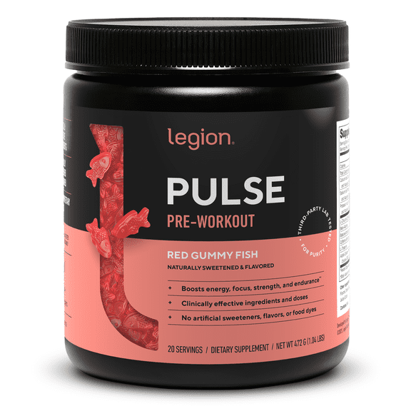 Legion Athletics Pulse Pre-Workout Supplement, Red Gummy Fish, Naturally Sweetened With No Added Sugar, 350mg Caffeine, 20 Servings, High Performance Energy & Focus Powder