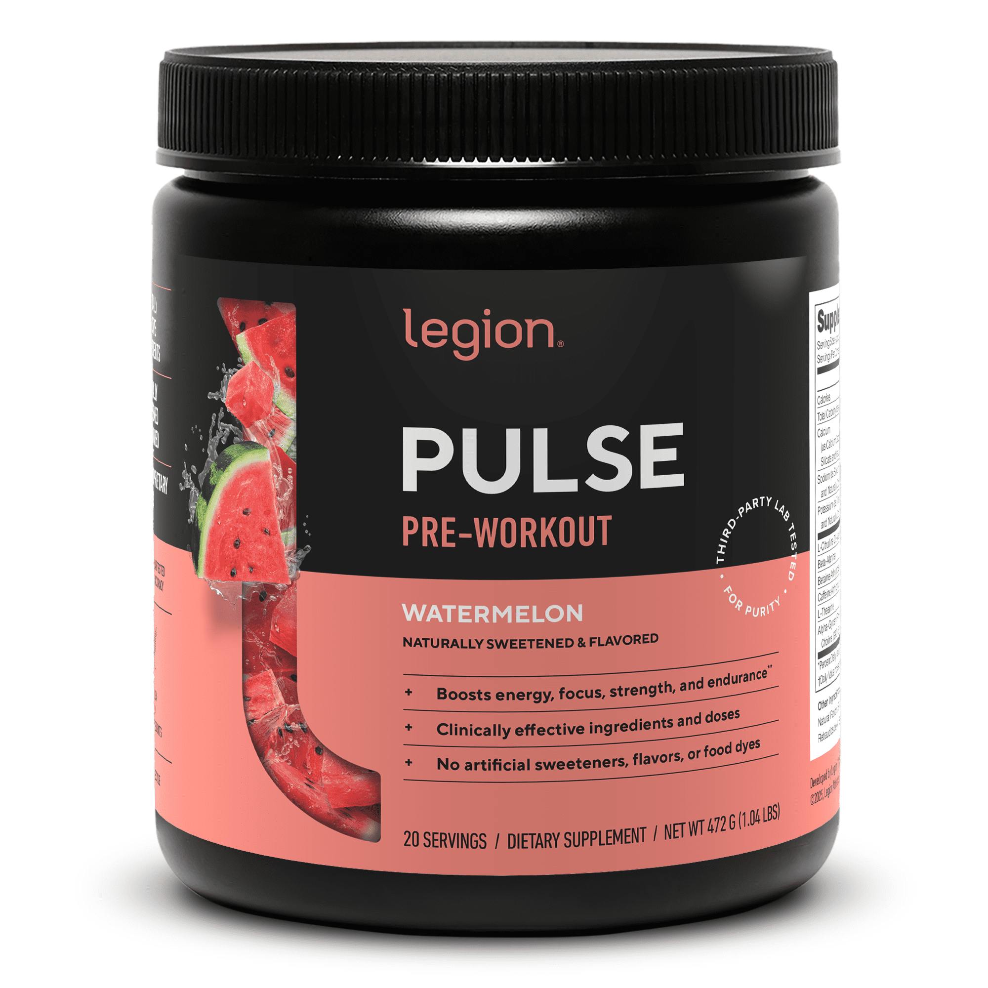 Legion Athletics Pulse Pre-Workout Supplement, Sour Watermelon, Naturally Sweetened With No Added Sugar, 350mg Caffeine, 20 Servings, High Performance Energy & Focus Powder