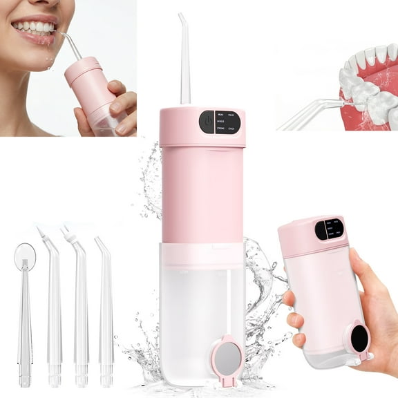MYMULIKE Cordless Water Flosser Dental Teeth Cleaner,5 Modes Cordless Portable 300ML Larger Tank Water Teeth Cleaner IPX7 Waterproof Water Flosser Dental Oral Irrigator for Home and Travel,Pink