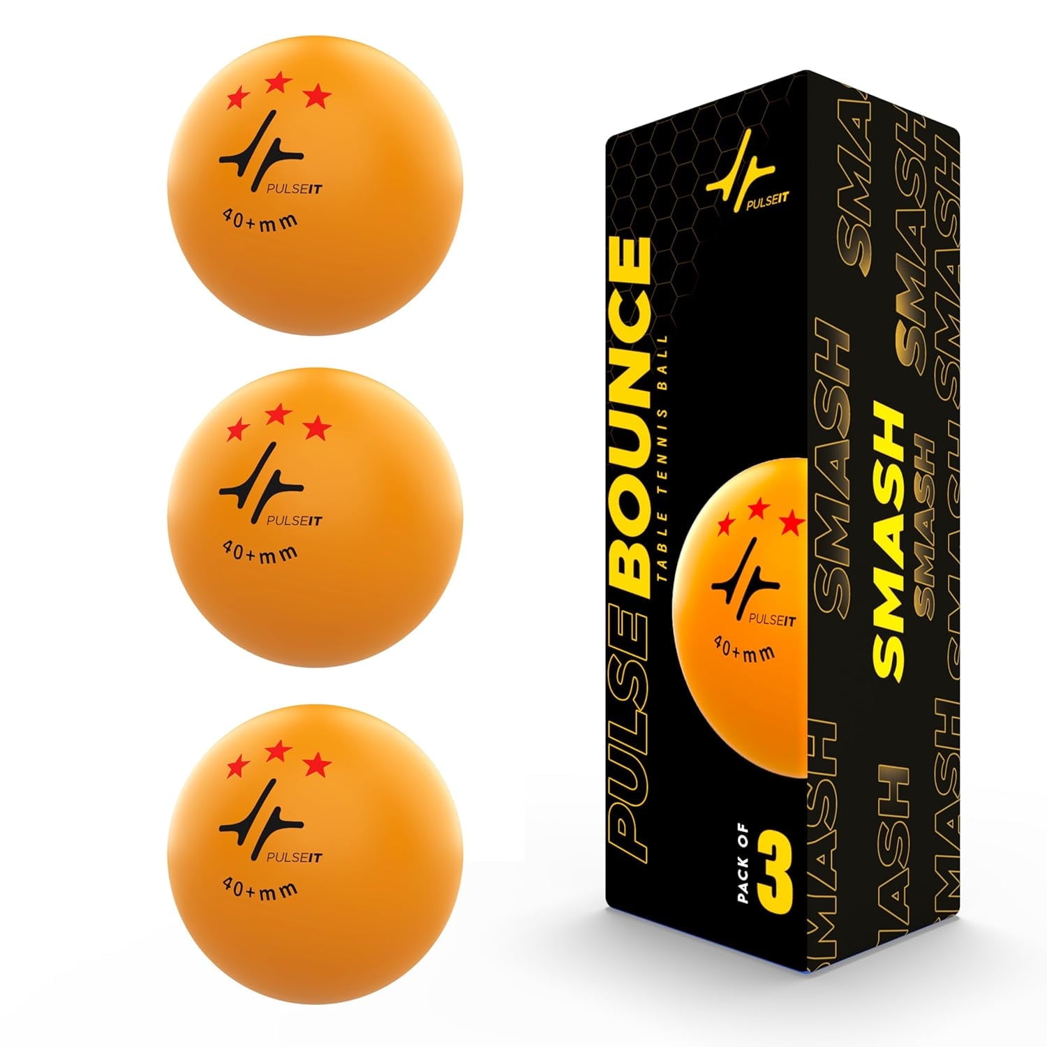 PulseBounce High Performance Table Tennis Balls, 40+ for Professional Matches, 3-Star Ping Pong Balls for Kids & Adults Training, Durable ABS Plastic (Orange) (Pack of 3)