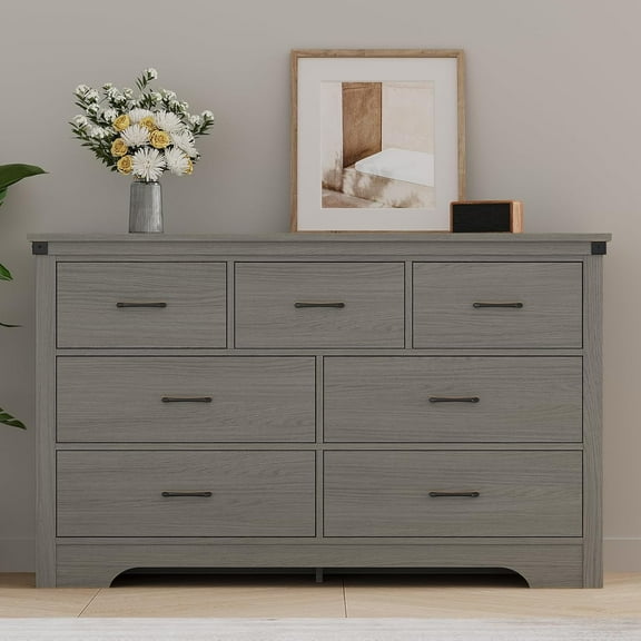 PulseFay Farmhouse 7 Drawer Dresser for Bedroom, 51" Wide Chest of Drawers, Wooden Dresser TV Stand, Storage Dressers Organizer for Bedroom, Living Room, Hallway, Grey
