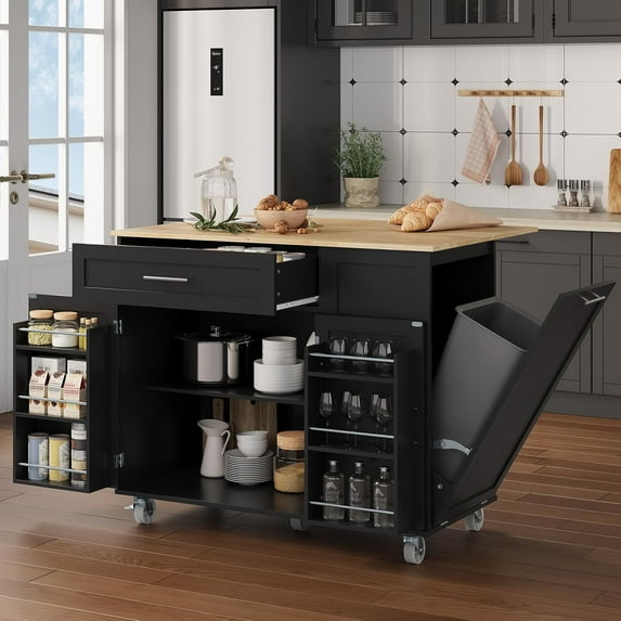 PulseFay Kitchen Island with Storage, 31.5" D Rolling Kitchen Island Cart on Wheels with Widen Drop Leaf Rubberwood Top, Large Mobile Kitchen Islands with Trash Can Storage and Towel Bar, Black