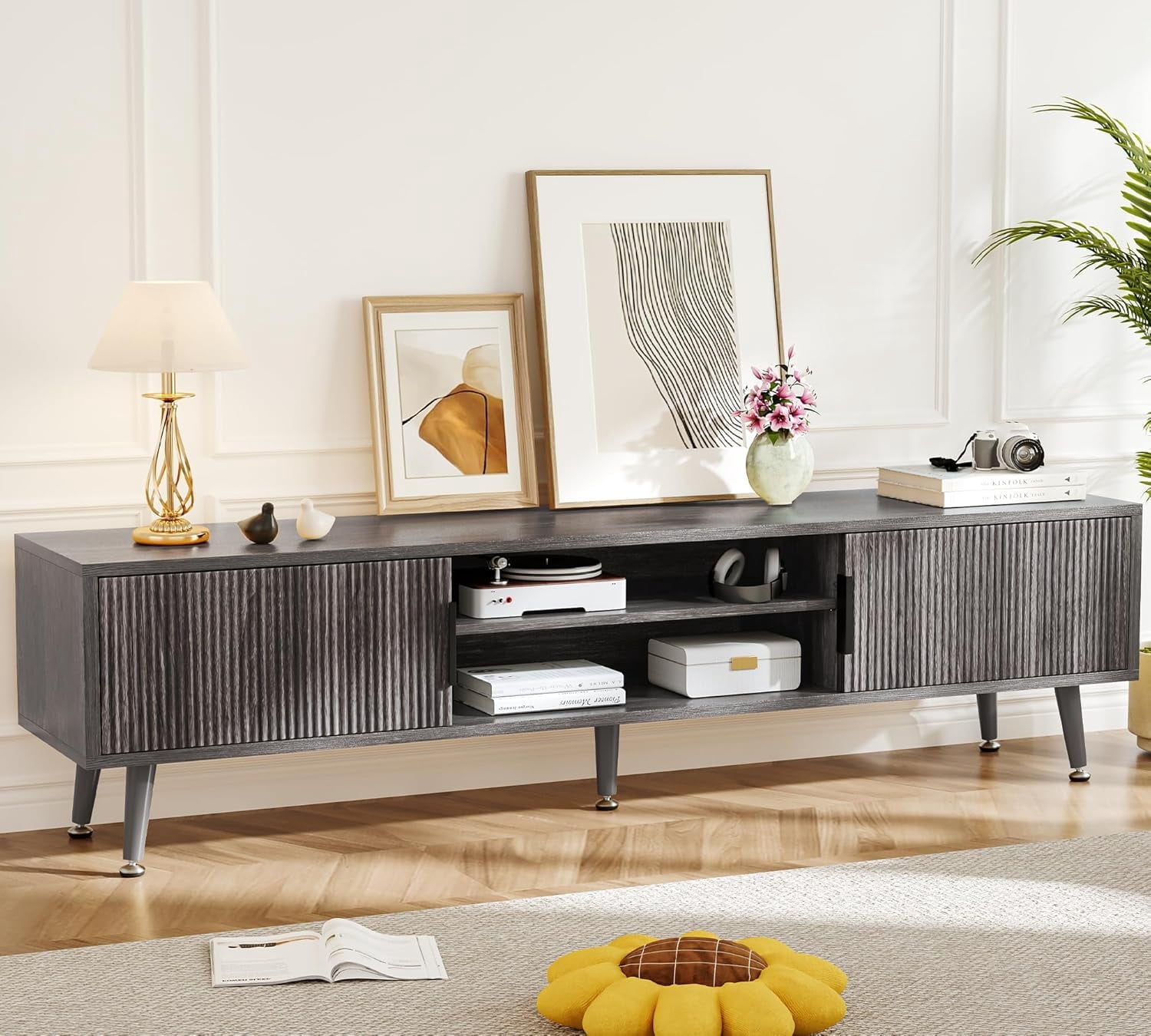 PulseFay Mid Century TV Stand, Modern TV Console for TVs up to 70 Inches, Entertainment Center with Storage, TV and Media Consol, (Gray)