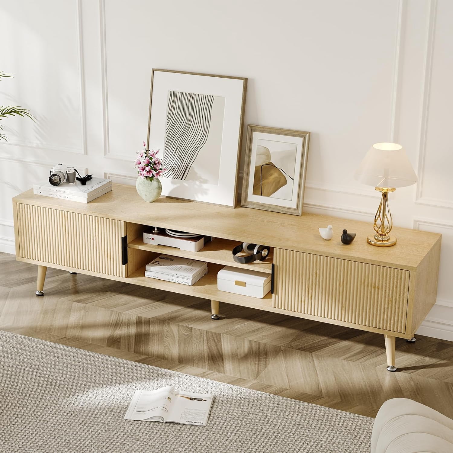 PulseFay Mid Century TV Stand, Modern TV Console for TVs up to 70 Inches, Entertainment Center with Storage, TV and Media Consol, (Natural Oak)
