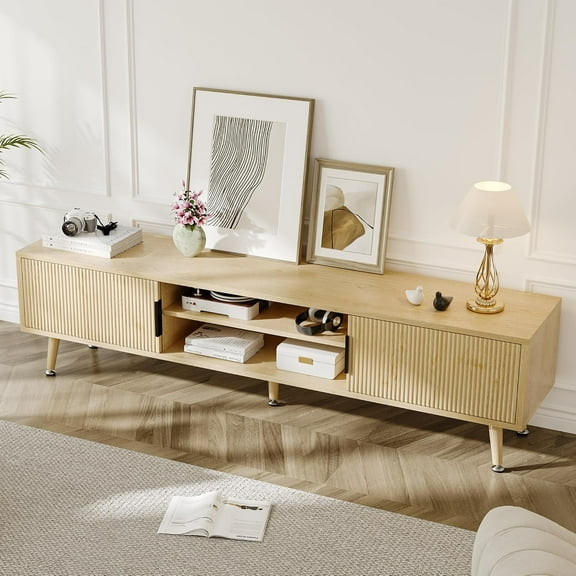 PulseFay Mid Century TV Stand, Modern TV Console for TVs up to 70 Inches, Entertainment Center with Storage, TV and Media Consol, (Natural Oak)