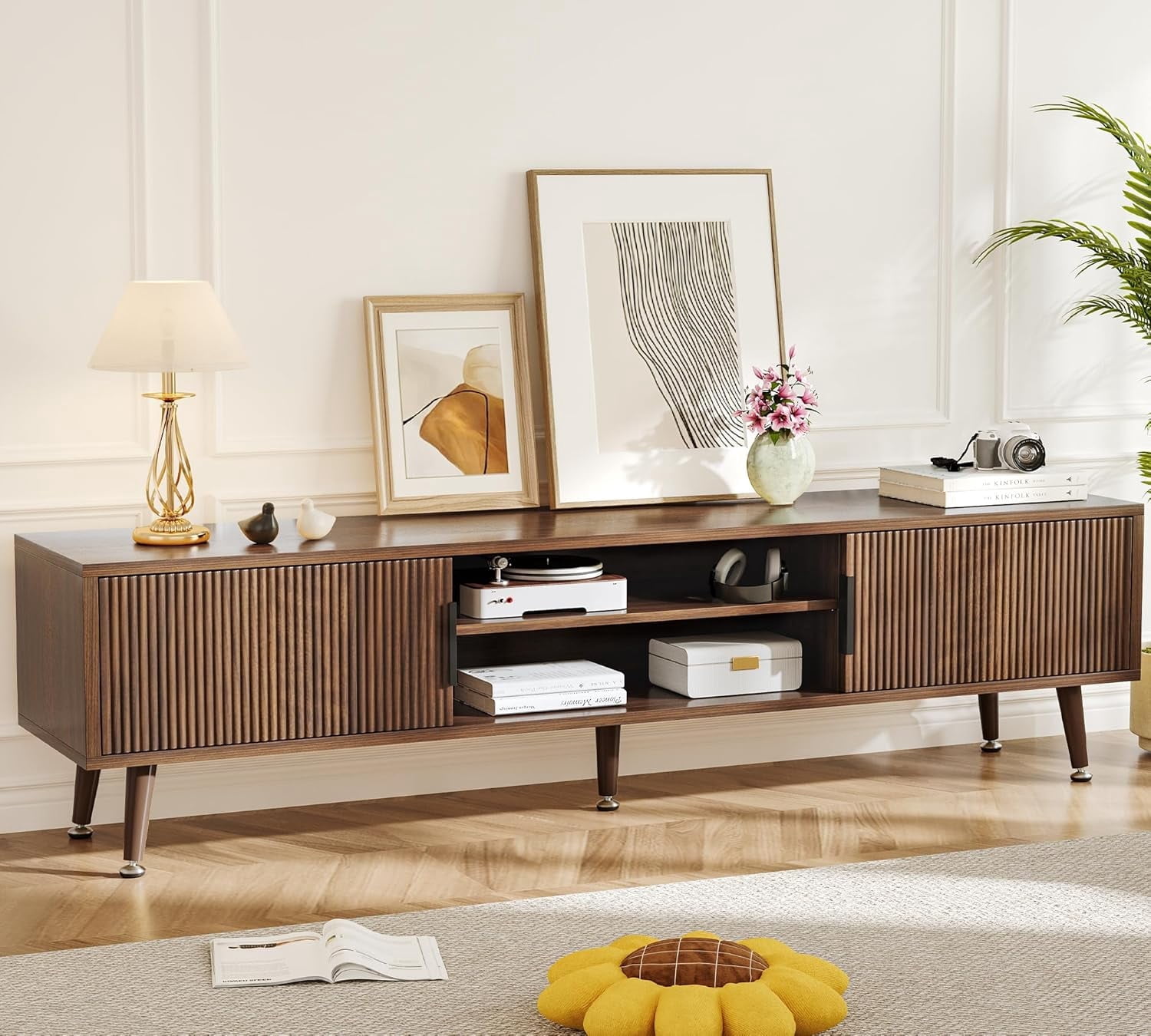 PulseFay Mid Century TV Stand, Modern TV Console for TVs up to 70 Inches, Entertainment Center with Storage, TV and Media Consol, (Walnut)