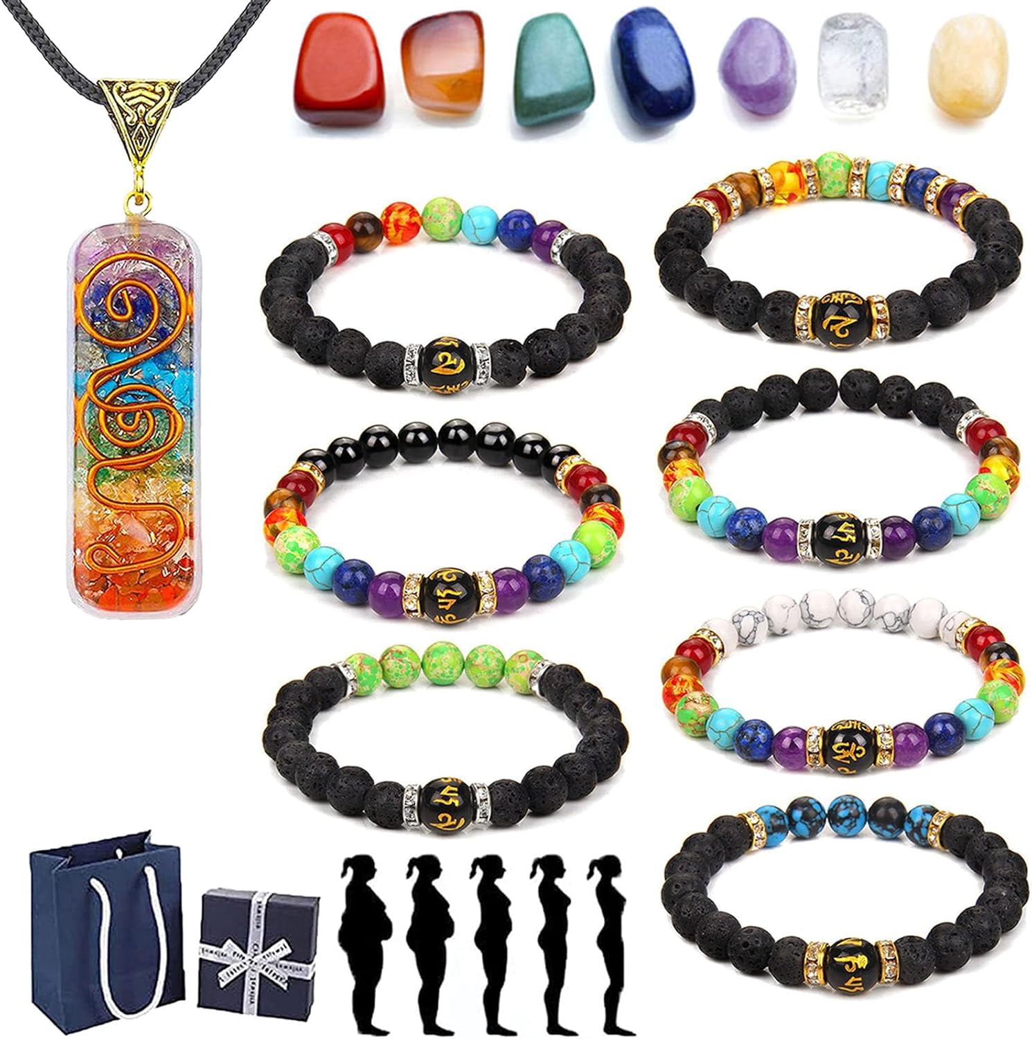 Bracciale 7 Chakra In Pietra Lavica Con Perline Colorate – Regolabile, Per Aromaterapia E Yoga