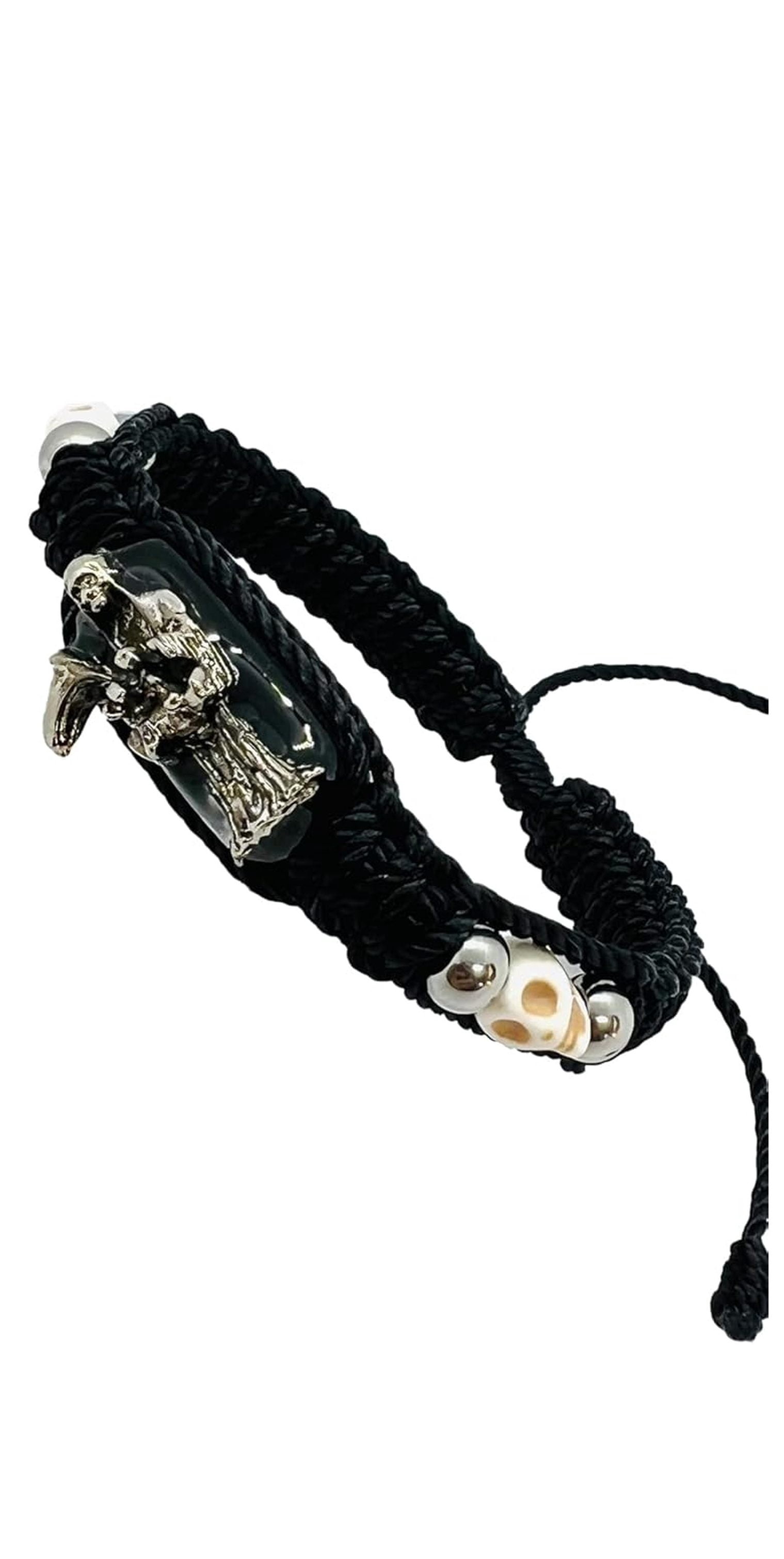 Santa Muerte Silver Bracelet With White Saint Death Image - Double Woven Black Cord Adjustable