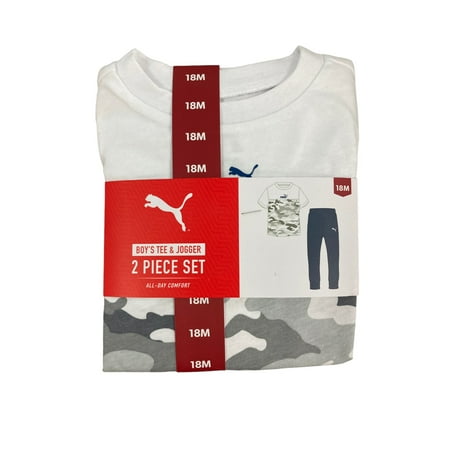 Puma Boy's All Day Comfort 2 Piece Tee and Jogger Set (White/Navy, 18M)