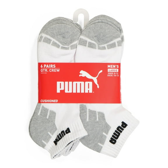 PUMA Mens 6 Pack Quarter Crew Socks 10-13 White/Grey/Black Detail