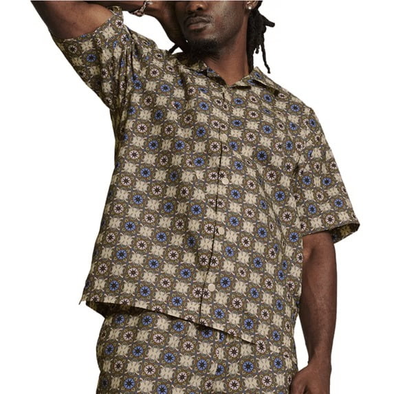 Puma Mens fit Short Sleeve Button-Up Shirt Small Brown Mushroom